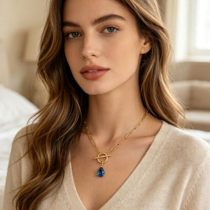 Teardrop CZ Pendant Paperclip Chain Necklace 18K Plated Paperclip Toggle Necklace Jewelry Birthstone Gift for Women - color: Tanzanite-December