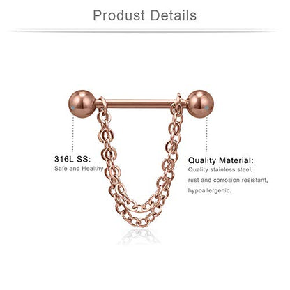 Ruifan Surgical Steel Nipple Shield Rings Tongue Barbell Piercing Jewelry Retainer 14G 5/8Inch Chain Dangle Clear CZ For Women Men 2-20PCS - color: 2PCS - Rose Gold w Balls