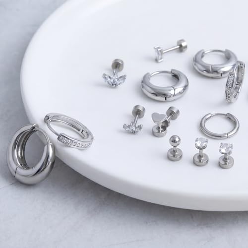 Stainless Steel Stud Earrings Set for Women Hypoallergenic Flat Back Cartilage Earrings Screw Back Huggie Hoop Earrings Multiple Piercing Cubic Zirconia Helix Tragus Jewelry - color: Set-A-Silver
