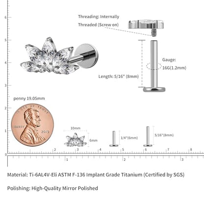 FINE4U 1PC ASTM F136 Titanium 16G Flatback Stud for Tragus, Helix, Conch 6mm 8mm - Screw on Cartilage Earring Piercing Jewelry - color: Flower CZ - Tit