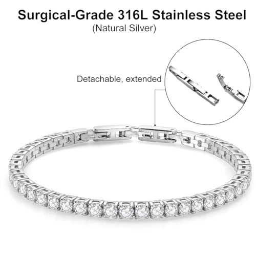 Stainless Steel Adjustable CZ Tennis Bracelet for Women Men | 14K Gold Plated, Round 3mm/4mm/5mm AAAA+ Cubic Zirconia, Dainty Classic, Festival Wedding Jewelry Gift - color: Steel, size: CZ 4mm