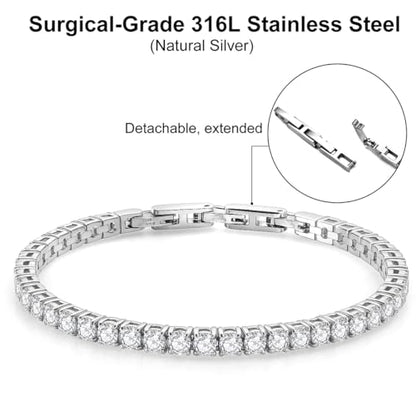 Stainless Steel Adjustable CZ Tennis Bracelet for Women Men | 14K Gold Plated, Round 3mm/4mm/5mm AAAA+ Cubic Zirconia, Dainty Classic, Festival Wedding Jewelry Gift - color: Steel, size: CZ 4mm