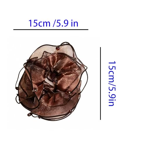 Hair Scrunchie, Black and Blue Ombre, Organza Fabric, Floral Ruffle Design with Rhinestone Embellishments (1, khaki, Large) - color: khaki