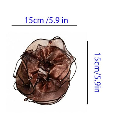Hair Scrunchie, Black and Blue Ombre, Organza Fabric, Floral Ruffle Design with Rhinestone Embellishments (1, khaki, Large) - color: khaki