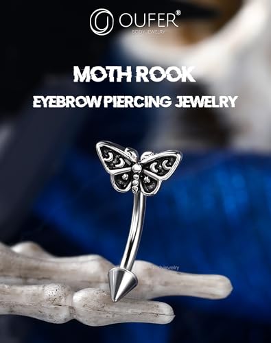 OUFER Halloween Moth Rook Eyebrow Piercing Jewelry, 316L Surgical Steel Rook Earrings for Women Men, Spooky Eyebrow Rings, 16G Curved Barbells, Halloween Body Piercing Jewelry-8mm