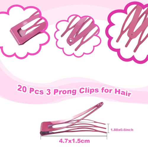 20 Pcs Snap Hair Clips for Women Snap Hair Barrettes Double Grip Hair Clips 3 Prong Clips for Hair Barrettes for Women Girls (Pink) - color: Pink