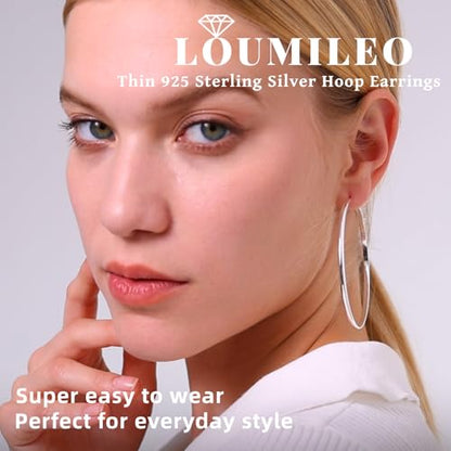 LOUMILEO 2mm Thin 925 Sterling Silver & 14k Gold Plated Hoop Earrings Large Silver Hoop Earrings Hypoallergenic Lightweight Hoops Earrings for Women 30/40/50/65MM