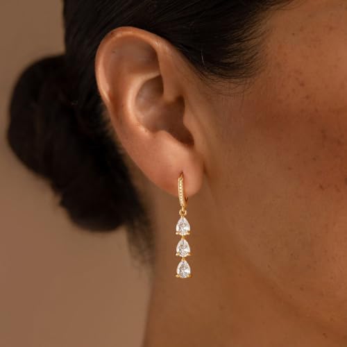 Dangle Earrings for Women Trendy, 14K Gold Plated CZ Huggie Drop Earrings, Dainty Long Chain Prom Wedding Jewelry Gift for Her - style: Bar CZ