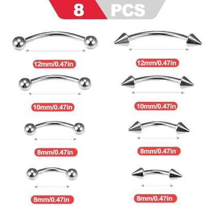 8Pack 16G 6-12mm 316L Surgical Steel Eyebrow Rings Curved Barbell Rook Daith Anti Eyebrow Piercing Jewelry Vertical Labret Jewelry for Women Men