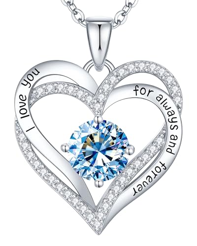 CDE S925 Silver Engraved Forever Love Heart Birthstone Necklaces for Women | 5A CZ,Hypoallergenic,Nickel-Free & Lead-Free Pendant,Anniversary Christmas Wedding Birthday Gift for Wife Girlfriend - color: 03-Mar, style: White Gold Plated