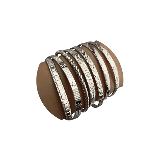 IFKM Gold Bangle Bracelets For Women, 14k Gold Plated Multi Layer Stackable Cuff Bracelet Set, Trendy Elegance Charms Non Tarnish Minimalist Textured Boho Jewelry Gift for Women - style: 7pcs Hexawn star twist silver