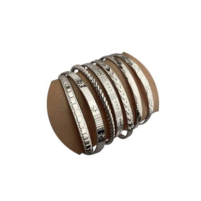 IFKM Gold Bangle Bracelets For Women, 14k Gold Plated Multi Layer Stackable Cuff Bracelet Set, Trendy Elegance Charms Non Tarnish Minimalist Textured Boho Jewelry Gift for Women - style: 7pcs Hexawn star twist silver