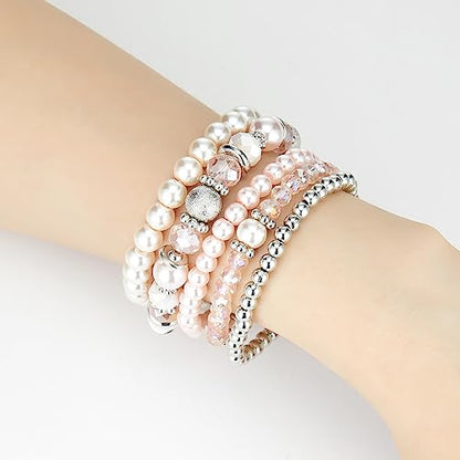Noessla Beaded Pearl Stretch Bracelet Silver Stackable Crystal Beads Bracelets Trendy Costume Jewelry Mothers Day Gifts for Women - color: Pink