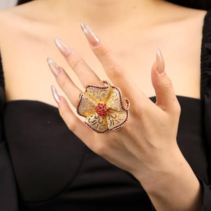 Elegant Big Crystal Flower Ring for Women Gold Rhinestone Floral Rings Open Finger Adjustable Crystal Flower Statement Ring Jewelry for Bridal Wedding - color: Flower 1 - red