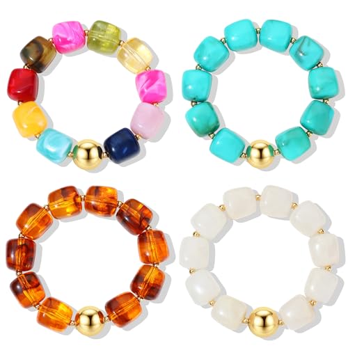 4 Pcs Chunky Beaded Bracelets for Women | Adjustable Colorful Resin Beads Bracelets Stretch Beaded Bracelet Boho Summer Beach Vacation Jewelry Gift - color: Color 2