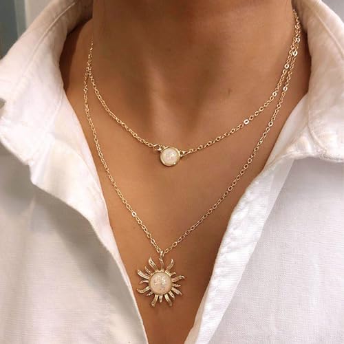 HUASAI Boho Necklaces for Women Dainty Layered Choker Necklace Bohemian Turquoise Necklace Statement Jewelry Western Cowgirl Country Concert Outfits Accessories - color: D Gold Layered Moonstone Sun Necklace