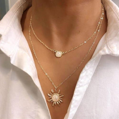 HUASAI Boho Necklaces for Women Dainty Layered Choker Necklace Bohemian Turquoise Necklace Statement Jewelry Western Cowgirl Country Concert Outfits Accessories - color: D Gold Layered Moonstone Sun Necklace
