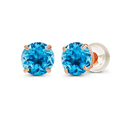 Solid 14K Yellow or White or Rose Gold 6mm Round Genuine Birthstone Gemstone Prong Set Stud Earrings For Women - color: Blue Topaz-Swiss Blue Topaz