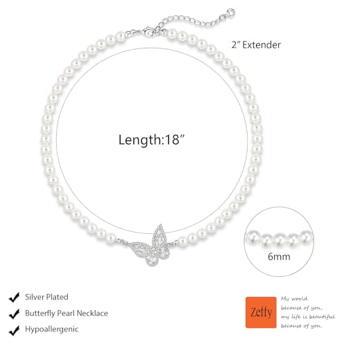Zeffy Pearl Necklace 4MM/6MM/8MM Dainty Round Imitation Pearl Choker Necklace Wedding Pearl Necklace Delicate Jewelry for Women Simple Bridesmaid Jewelry Gifts - style: 6mm Silver Butterfly Pearl Necklace(18"+2")