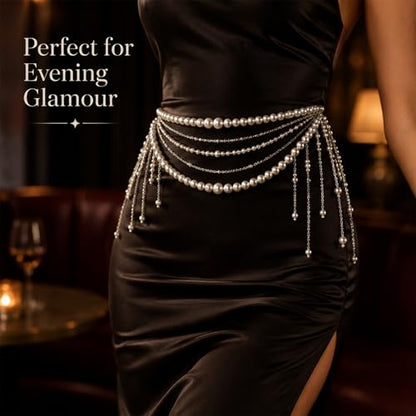 Pearl Waist Chain, Chain & Waist Belt for Women, Hip & Bride Waist Chain, Multilayer Tassel Belly Pearl Body Chain for Wedding Dress