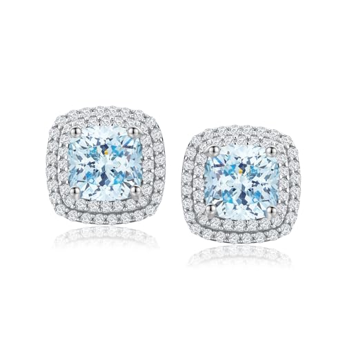 Dainty Birthstone Earrings for Women Sterling Silver Small Stud Earrings with Halo Cushion/Round Created Gemstone Earrings Birthstone Jewelry - style: A 03. Mar./created aquamarine-cushion cut