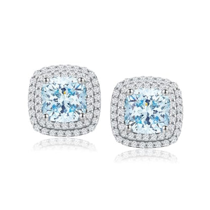 Dainty Birthstone Earrings for Women Sterling Silver Small Stud Earrings with Halo Cushion/Round Created Gemstone Earrings Birthstone Jewelry - style: A 03. Mar./created aquamarine-cushion cut