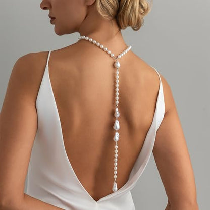 Back Body Chain for Women Boho Pearl Cross Flower Back Drop Necklace Adjustable Y-Shaped Lariat Back Jewelry - color: white