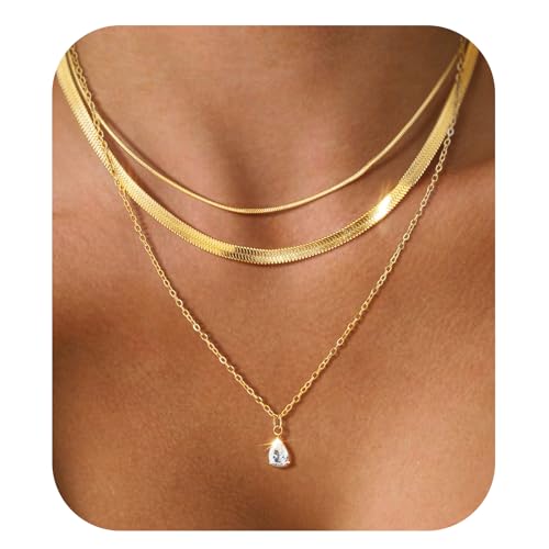 Layered Necklaces for Women,14k Gold Plated Dainty Necklace Stack Set Non Tarnish Adjustable Silver Stainless Steel CZ Heart Circle Pendant Paperclip Choker Herringbone Snake Chain Jewelry - style: CZ Layered Necklace