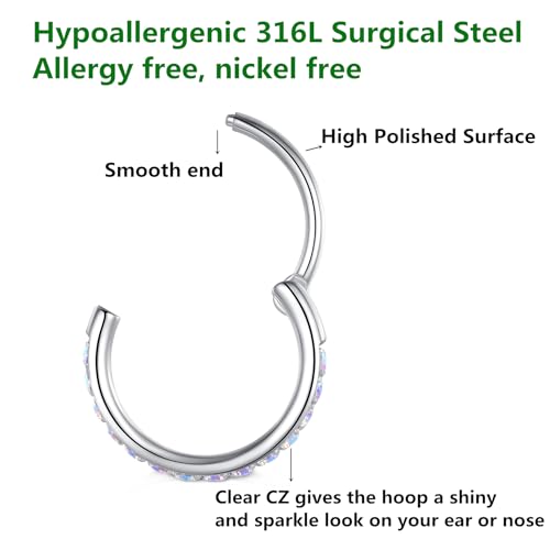 Clear CZ Nose Rings & Earrings - 316L Surgical Steel - Cartilage, Conch, Daith, Helix, Rook, Tragus, Lobe & Snug Body Piercing Jewelry - 20G, 18G - color: Silver Rainbow, size: 2pcs 20 Gauge 8mm