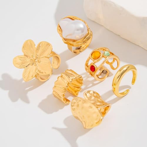 Chunky Gold Rings Set for Women Trendy Statement Flower Knuckle Ring Baroque Pearl Stack Ring Wrinkled Prom Outfits Accessories - color: Gold