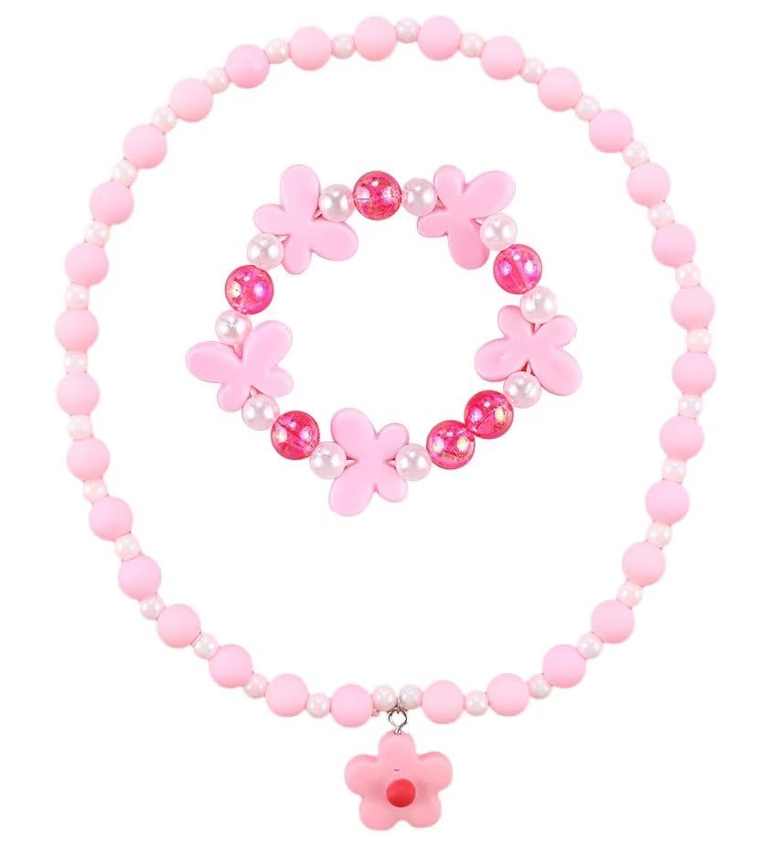Beaded Necklaces and Bracelets Set for Women Flower Butterfly Pendant Bead Stretch Necklace Party Favors Dress up Play Costume Jewelry Gift - color: Pink