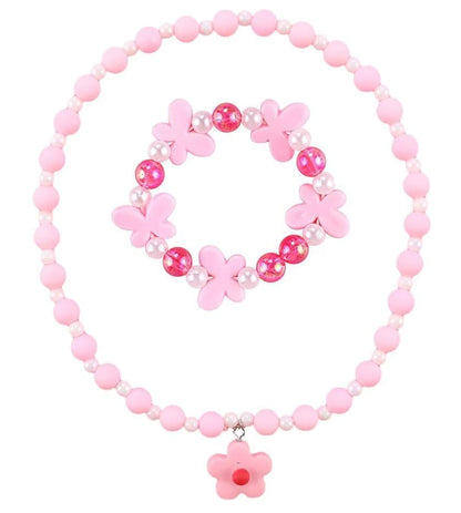 Beaded Necklaces and Bracelets Set for Women Flower Butterfly Pendant Bead Stretch Necklace Party Favors Dress up Play Costume Jewelry Gift - color: Pink