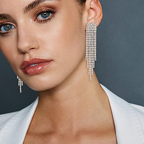 Clip-on Earrings Rhinestone Dangling for Women Fashion Long Chandelier Sparkle Crystal Tassel Dangle Drop Earring - color: Clear-Silver-Tone