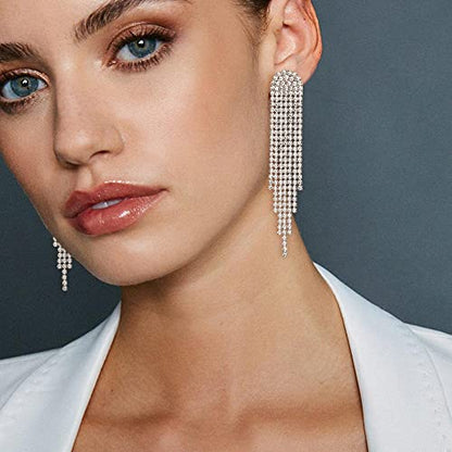 Clip-on Earrings Rhinestone Dangling for Women Fashion Long Chandelier Sparkle Crystal Tassel Dangle Drop Earring - color: Clear-Silver-Tone