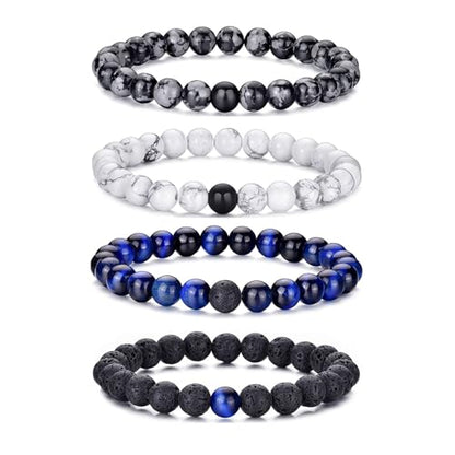 Mens Beaded Bracelets Set 8MM Tiger Eye Lava Stone Stretch Natural Stone Men's Bead Bracelet Mens Bracelet - color: 4,white,blue