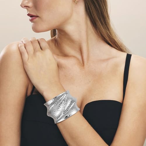 AsAlways 14K Gold Plated Hammered Cuff Bracelet for Women Wide Textured Open Cuff Bangle Statement Gold Chunky Bracelet Jewelry Gift - color: 01 Silver
