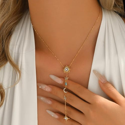 Lariat Necklaces for Women 18K Gold Plated Cubic Zirconia Heart Necklaces Dainty Star Lightning Sun and Moon Necklace Trendy Y Shaped Drop Diamond Necklace - color: Sun Moon Star Lightning Y Necklace-Gold