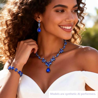 Kamirola Bridal Jewelry Set, Jewelry Set for Women, Necklace Dangle Earrings Bracelet Set, White Gold Plated (TR76) - color: Blue