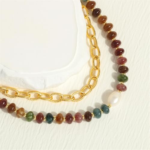 Beaded Necklace for Women,Natural Gemstone Necklace for Women,Colorful Bead Choker Necklace Handmade Surfer Beach Necklace Trendy Jewelry Gift for Women - style: With Pearl