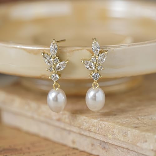 Gold Earrings for Women Trendy, Dainty Dangle Earrings 14K Gold Plated Drop Earrings Cute Wedding Earrings Fashion Prom Bridal Jewelry Gifts - color: Gold-A7