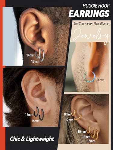 FaithHeart Stainless Steel Black/Silver/Gold Huggie Hoop Earrings for Men | Hypoallergenic Small Hoop Earrings Lightweight Sleeper Earrings Waterproof Cartilage Piercing Jewelry Gift 8-16mm - color: Silver-Round, size: Diameter 8mm