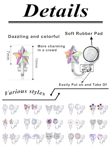 Tornito 10-15 Pairs Clip on Stud Earrings Non Pierced Teardrop Round Square CZ Pearl Twist Knot Flower Butterfly Heart Star Rainbow Cat Opal Clip on Earrings for Women - color: C: 15 Pairs Silver Tone