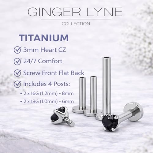 Titanium Heart CZ Labret Stud Earrings for Piercings by Ginger Lyne 6Pc Set G23 Screw Front Flat Back Body Jewelry 2 pair post 6mm, 8mm Cartilage, Helix, Tragus, Lip, Conch, Lobe - color: 3mm-Black