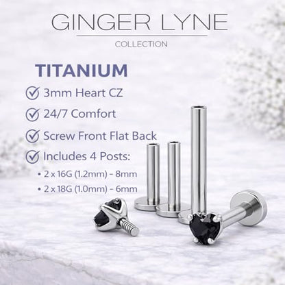 Titanium Heart CZ Labret Stud Earrings for Piercings by Ginger Lyne 6Pc Set G23 Screw Front Flat Back Body Jewelry 2 pair post 6mm, 8mm Cartilage, Helix, Tragus, Lip, Conch, Lobe - color: 3mm-Black