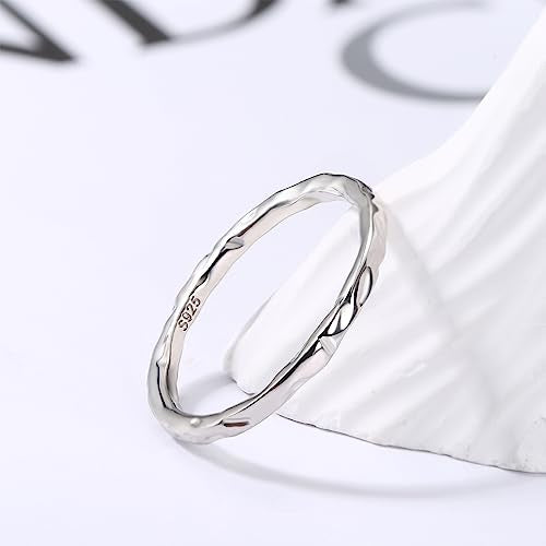 MILACOLATO S925 Sterling Silver Thumb Rings for Women Men Hammered Ring | 18K White Gold Plated Thin Plain Pinky Stackable Statement Band Ring, High Polished Hammered Rings Comfort Fit Size 6 to 11