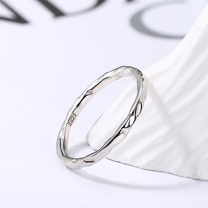 MILACOLATO S925 Sterling Silver Thumb Rings for Women Men Hammered Ring | 18K White Gold Plated Thin Plain Pinky Stackable Statement Band Ring, High Polished Hammered Rings Comfort Fit Size 6 to 11