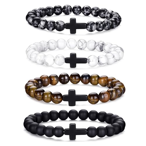 Mens Beaded Bracelets Set 8MM Tiger Eye Lava Stone Stretch Natural Stone Men's Bead Bracelet Mens Bracelet - color: 4,Cross-Bracelet-A