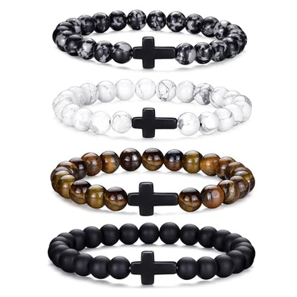 Mens Beaded Bracelets Set 8MM Tiger Eye Lava Stone Stretch Natural Stone Men's Bead Bracelet Mens Bracelet - color: 4,Cross-Bracelet-A