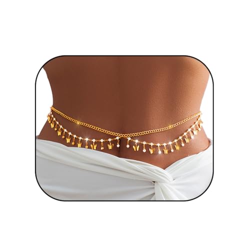 Gold Belly Chain Rhinestone Body Jewelry Chain Plated Waist Chains Layered Body Waist Summer Beach Bikini Jewelry for Women - style: butterfly-gold
