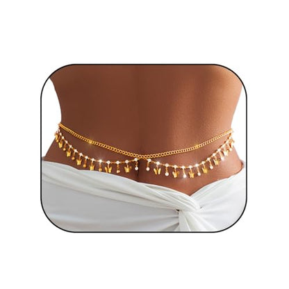 Gold Belly Chain Rhinestone Body Jewelry Chain Plated Waist Chains Layered Body Waist Summer Beach Bikini Jewelry for Women - style: butterfly-gold